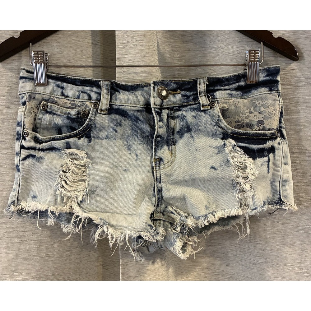 Y2K Acid Wash Hot pants Festival Low Rise Shorts Size 9 Raw Hem